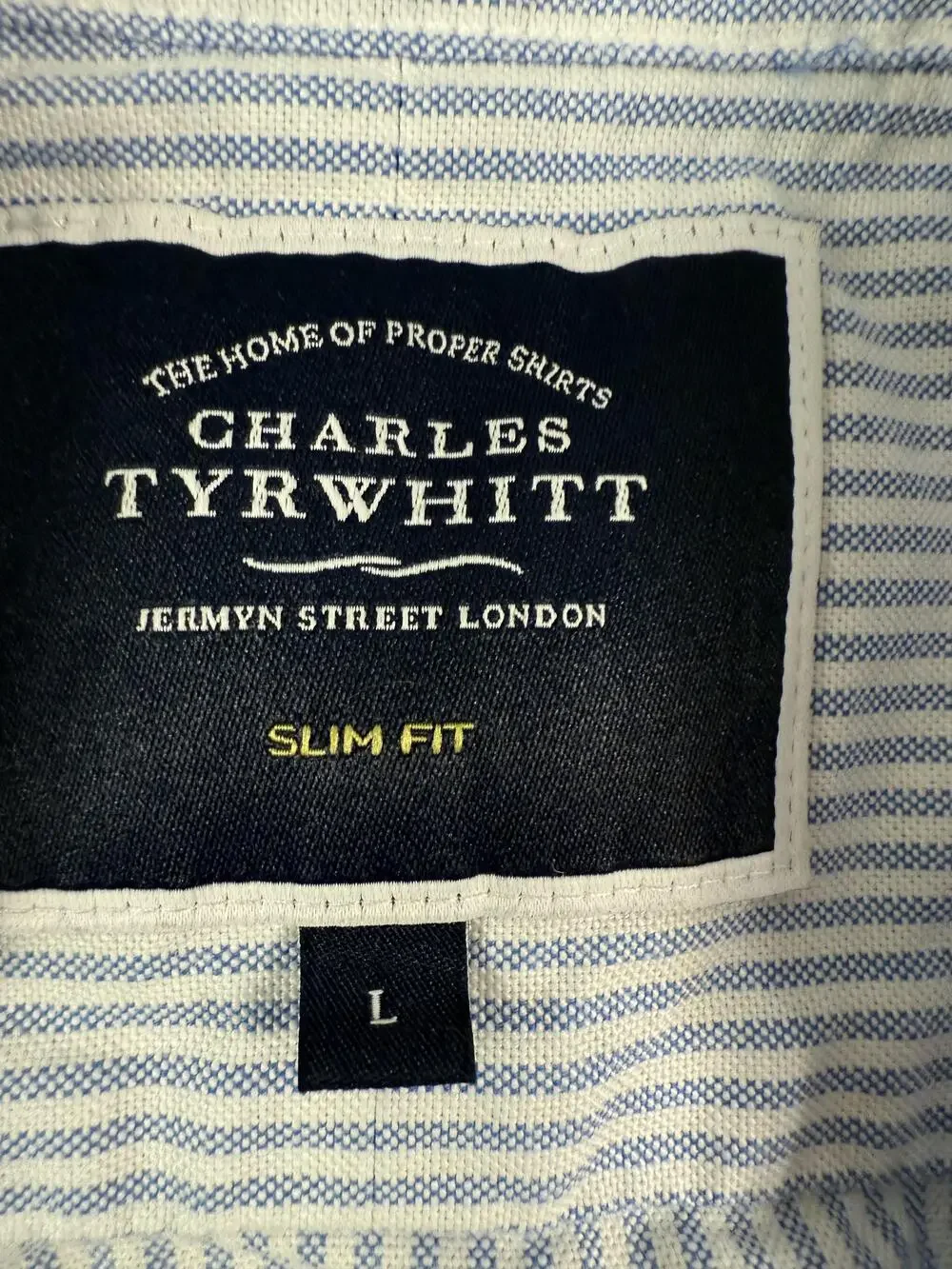 Charles Tyrwhitt Shirt Mens Large Blue Striped Slim Fit Band Collar Long Sleeve